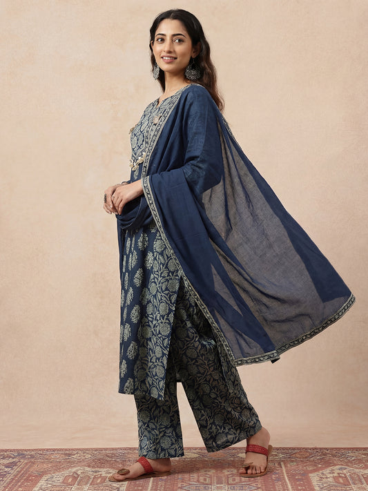 Blue Floral Straight Cotton Stitched Kurta, Palazzo With Dupatta