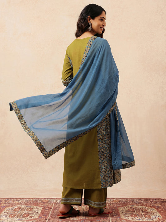 Mehendi Green & Teal Solid A-Line Cotton Stitched Kurta, Palazzo With Dupatta