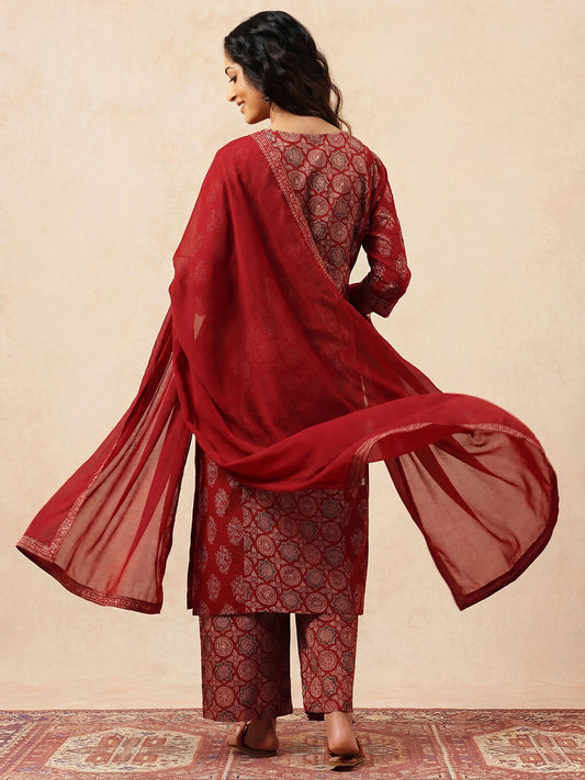 Maroon Geometric Straight Cotton Stitched Kurta, Palazzo With Dupatta