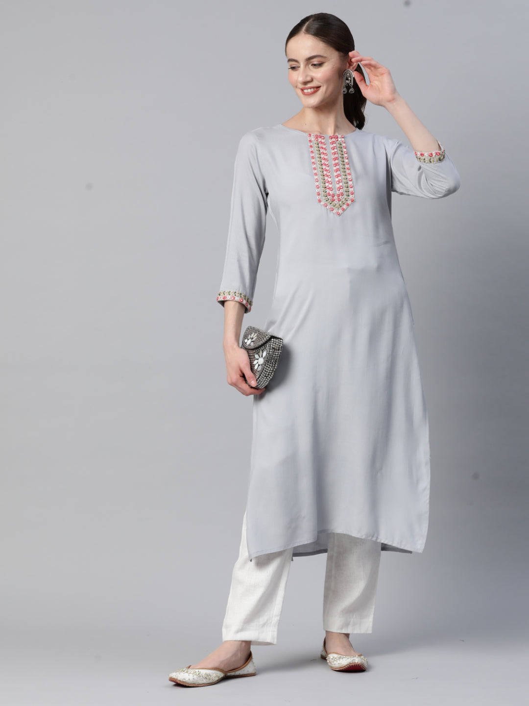 Grey Embroidered Straight Rayon Kurta
