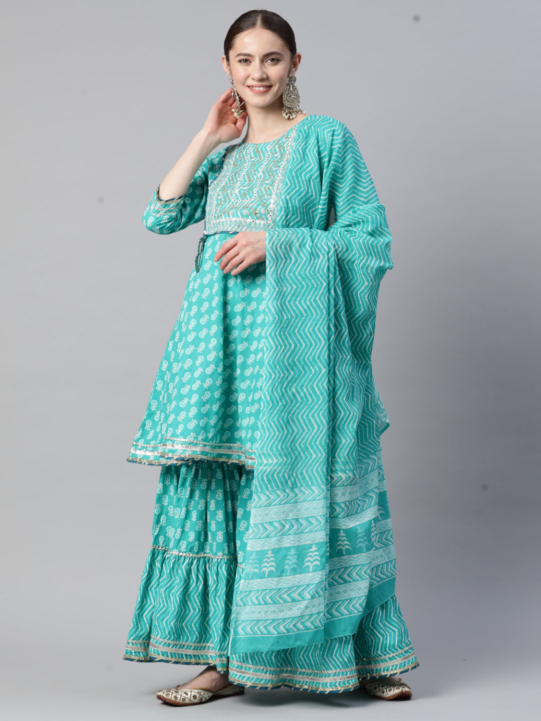 Turquoise Cotton Flared Kurta Set