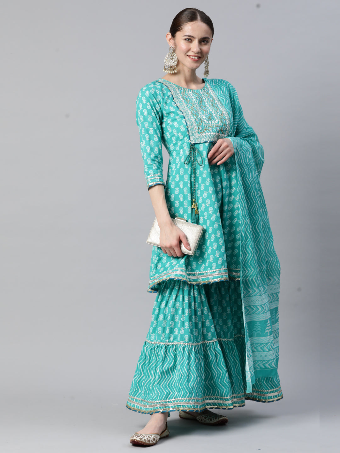 Turquoise Cotton Flared Kurta Set