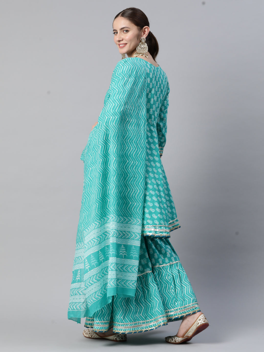 Turquoise Cotton Flared Kurta Set