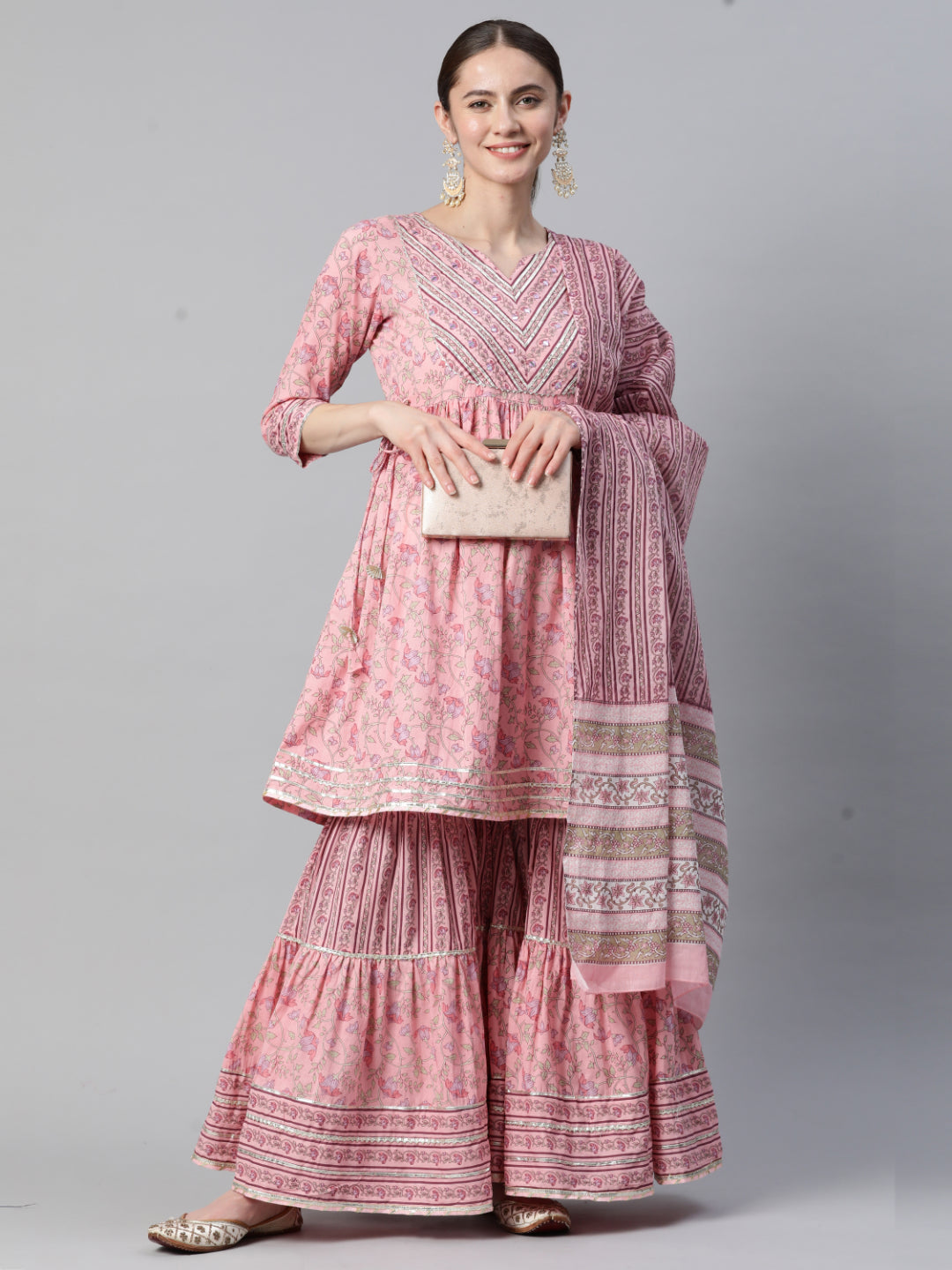 Baby Pink Embroidered Flared Cotton Kurta Set
