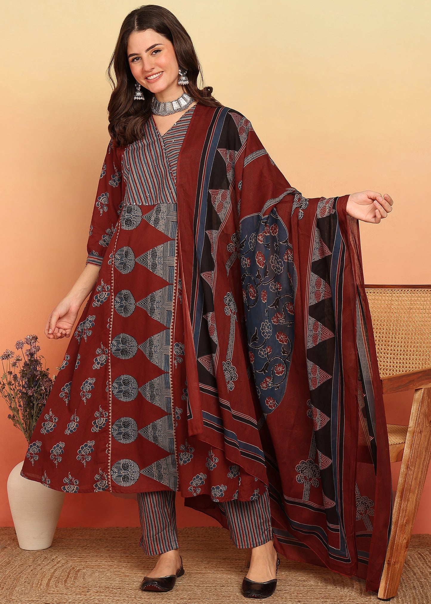Maroon Floral Printed A-Line Cotton Stitched Kurta, Pant With Dupatta