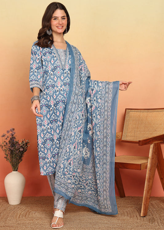 Sky Blue Geometric Printed Straight Cotton Stitched Kurta Set