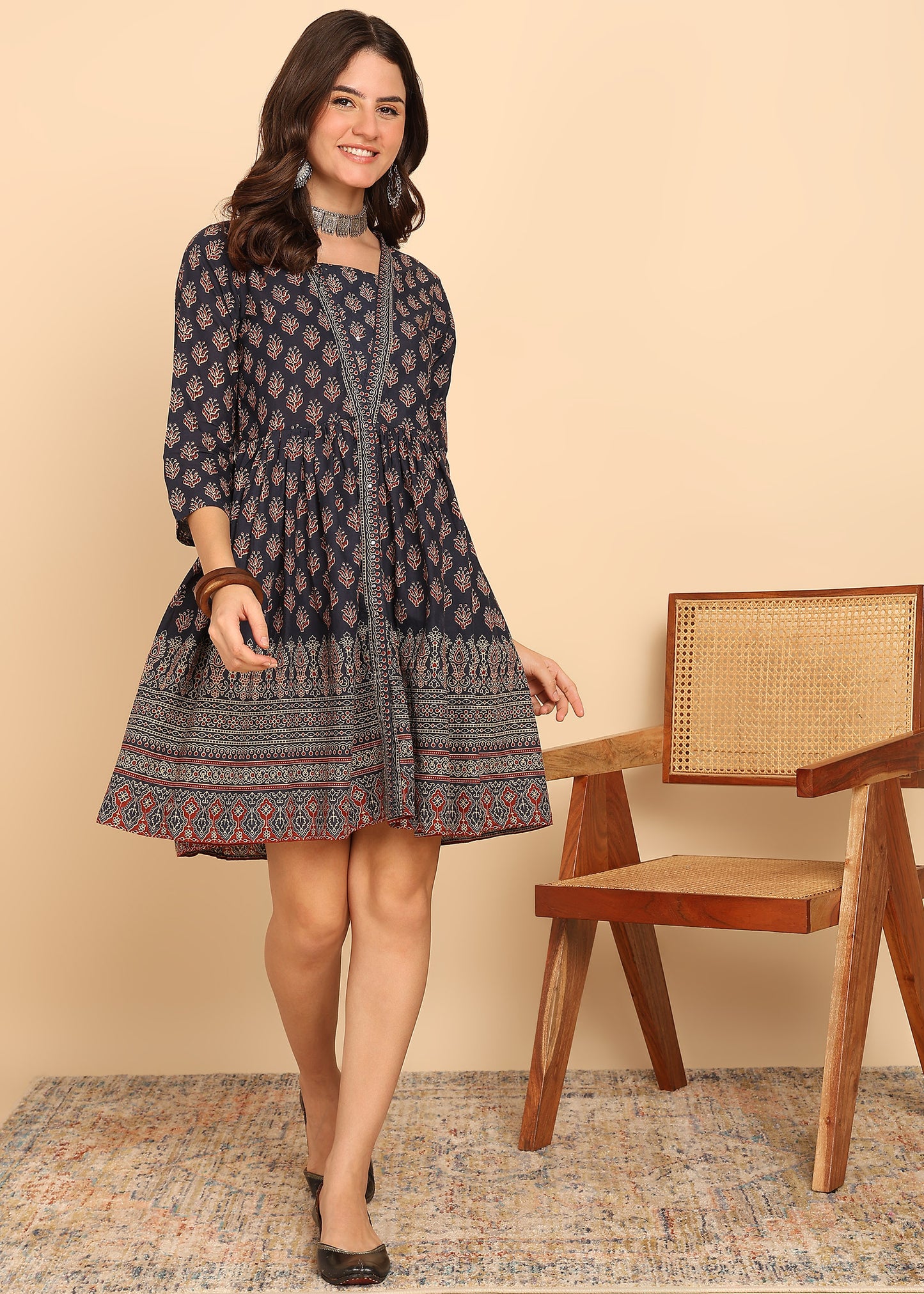 Black Floral Printed Fit And Flare Cotton Stitched Dress
