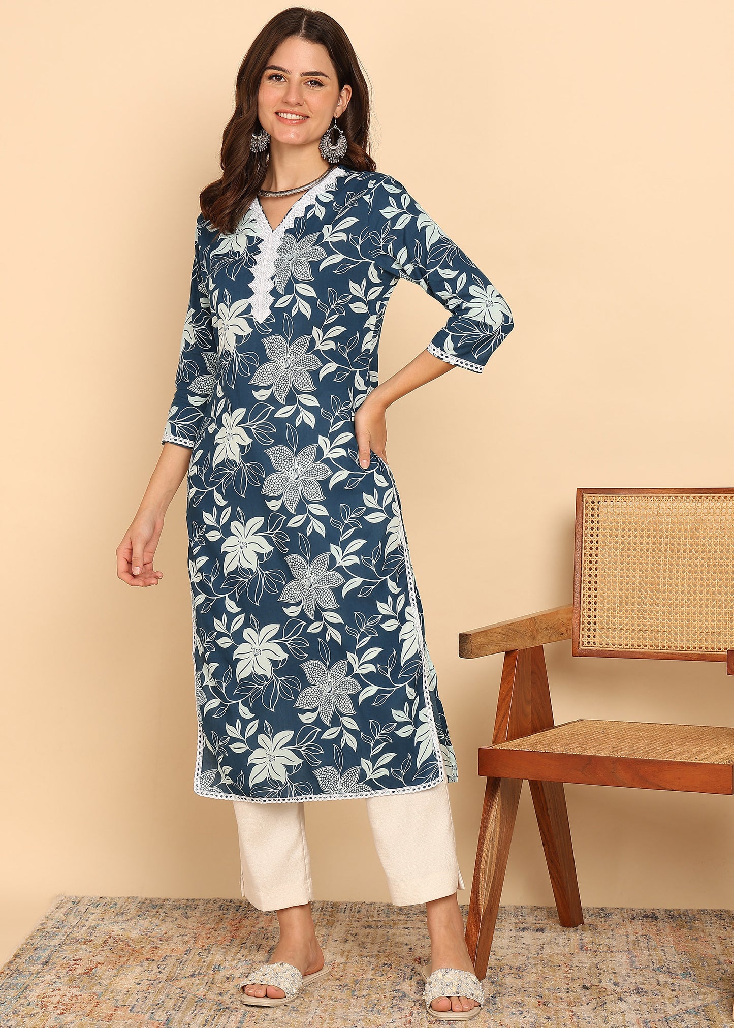 Peacock Floral Printed Straight Cotton Stitched Kurta