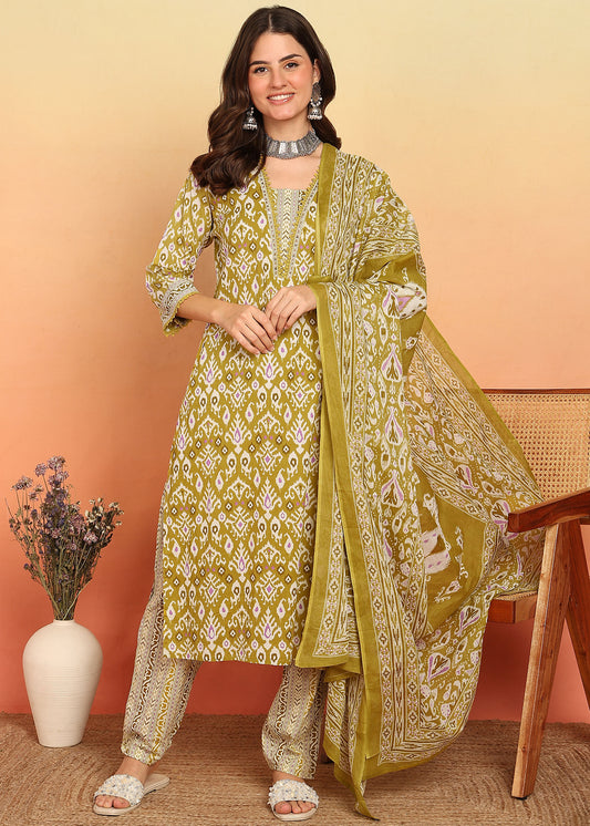 Mahendi Green Geometric Printed Straight Cotton Stitched Kurta, Pant With Dupatta