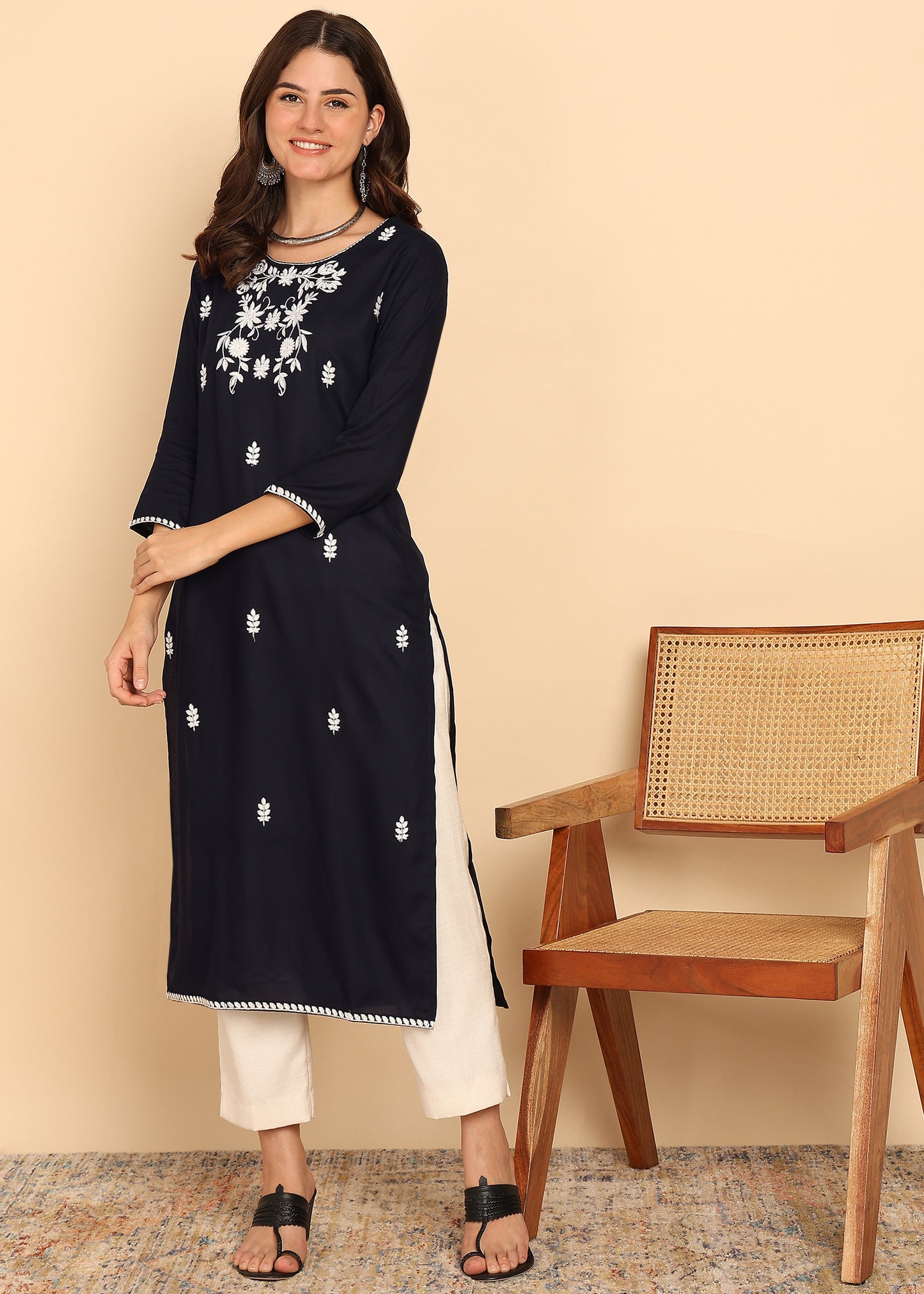 Black Solid Straight Rayon Stitched Kurta