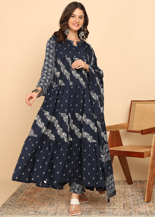 Navy Blue Floral Printed Anarakali Cotton Stitched Kurta, Pant With Dupatta