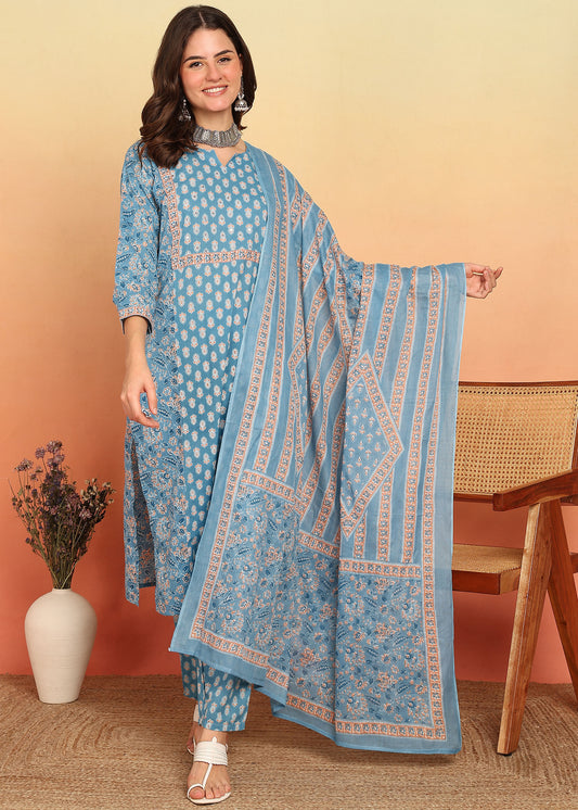 Sky Blue Floral Printed Straight Cotton Stitched Kurta, Pant With Dupatta
