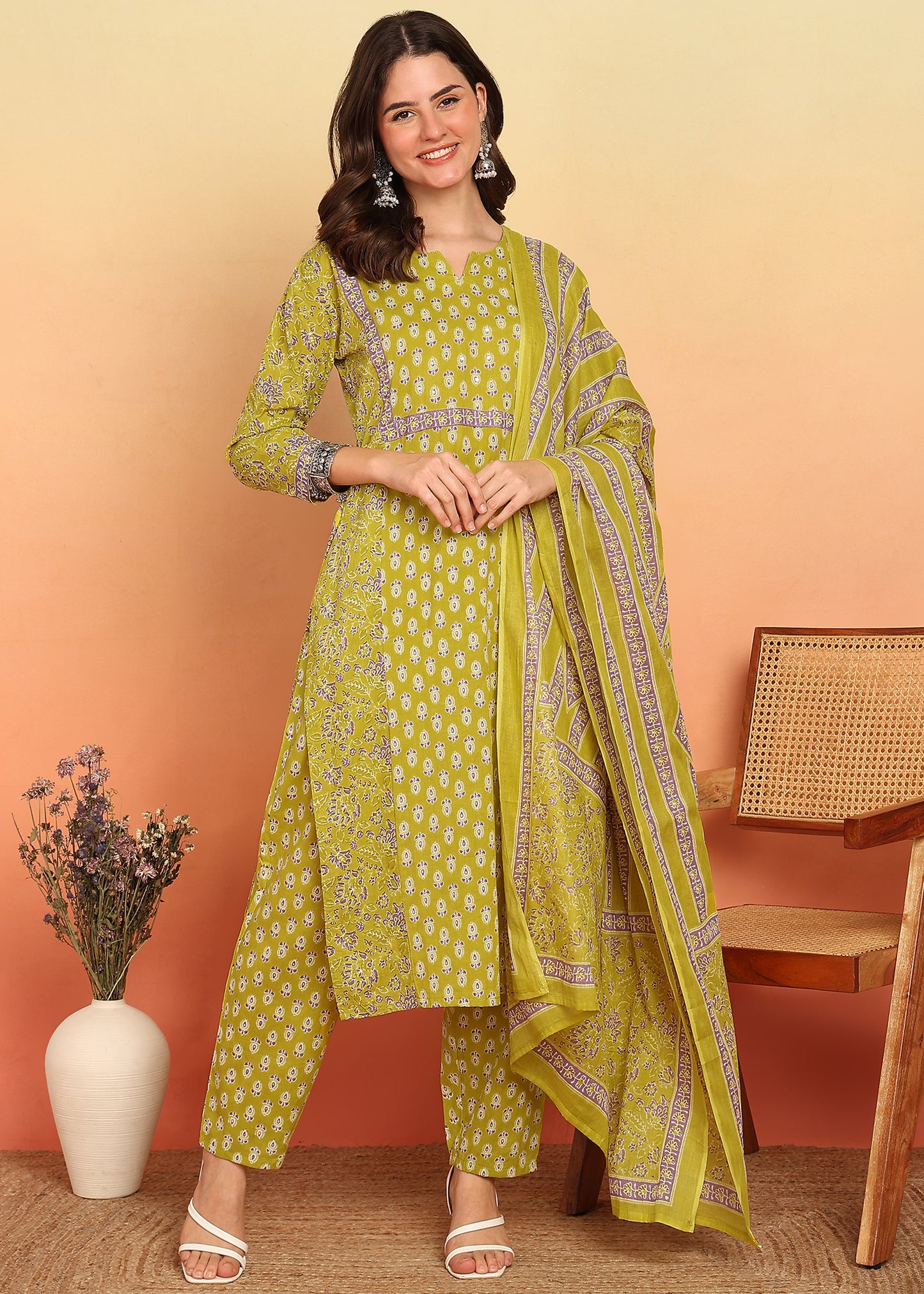Mustard Floral Printed Straight Cotton Stitched Kurta Set