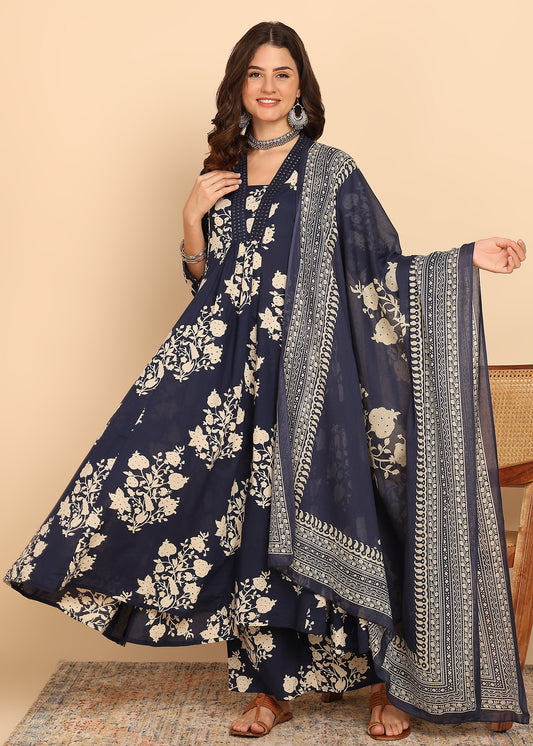 Navy Blue Floral Printed Anarakali Cotton Stitched Kurta Set