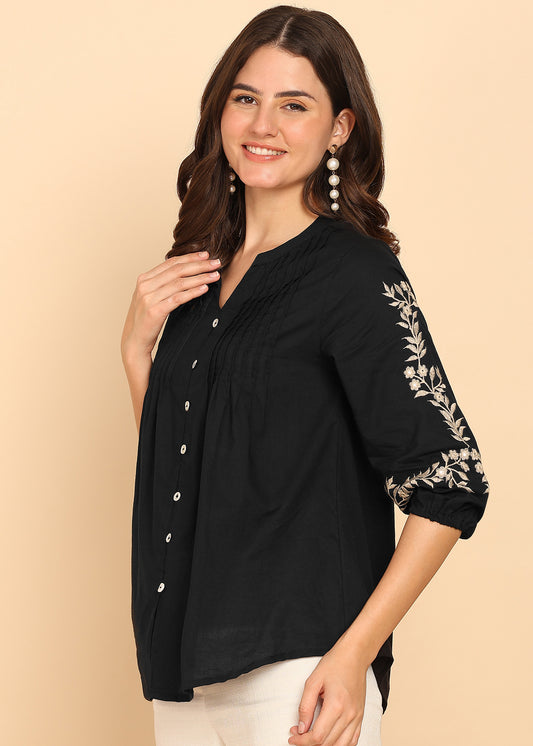Black Solid Fit And Flare Cotton Stitched Top