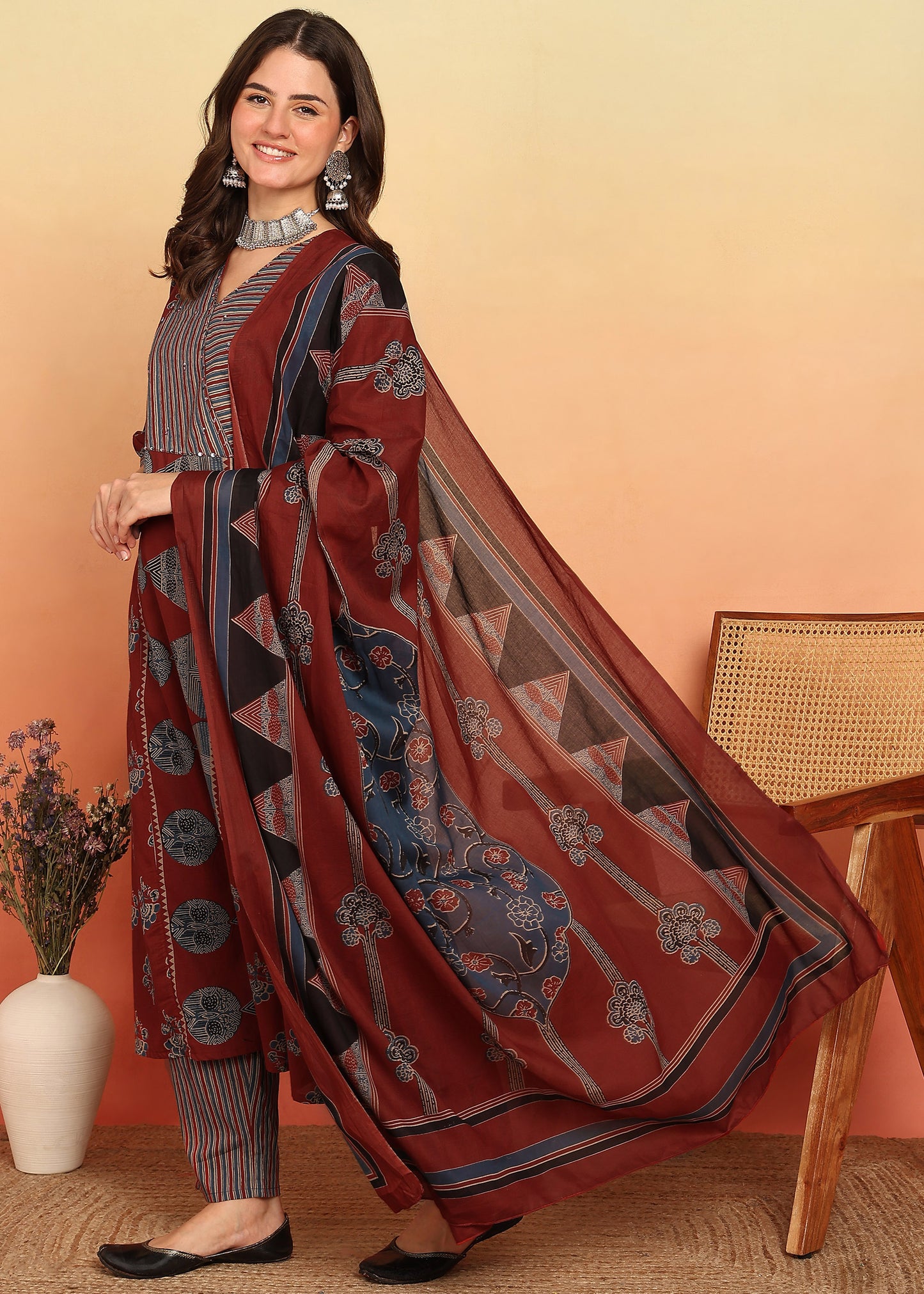Maroon Floral Printed A-Line Cotton Stitched Kurta, Pant With Dupatta
