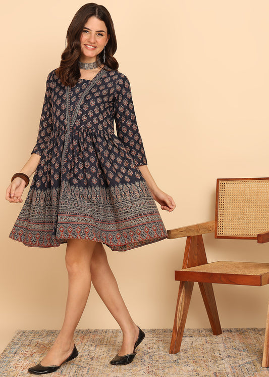 Navy Blue Floral Printed Fit And Flare Cotton Stitched Dress