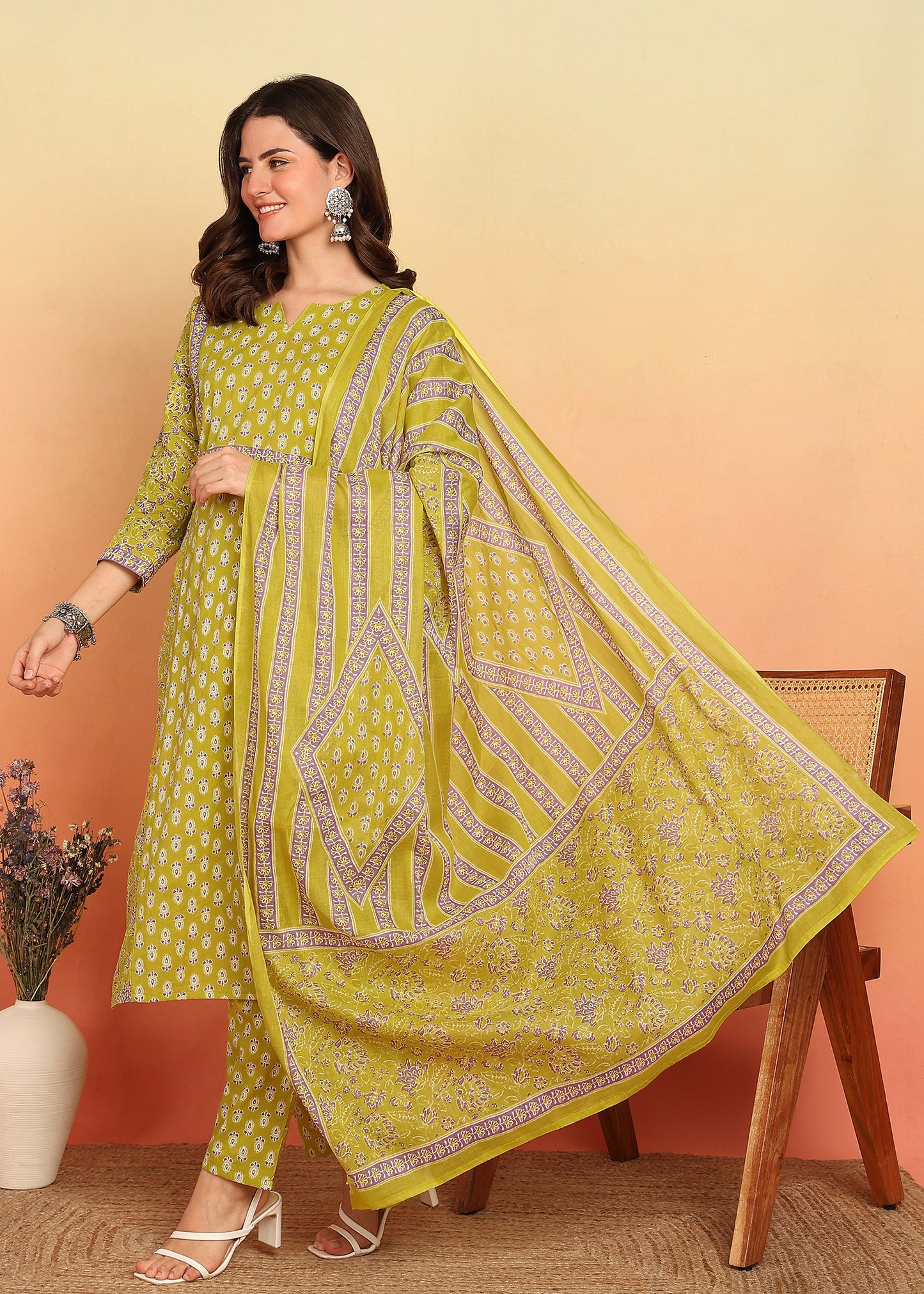 Mustard Floral Printed Straight Cotton Stitched Kurta Set
