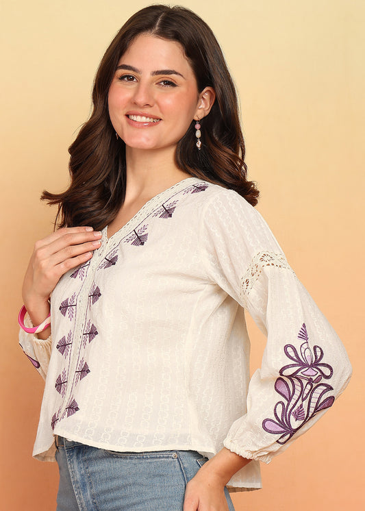 Off-White Embroidery Flare Cotton Jacquard Stitched Top