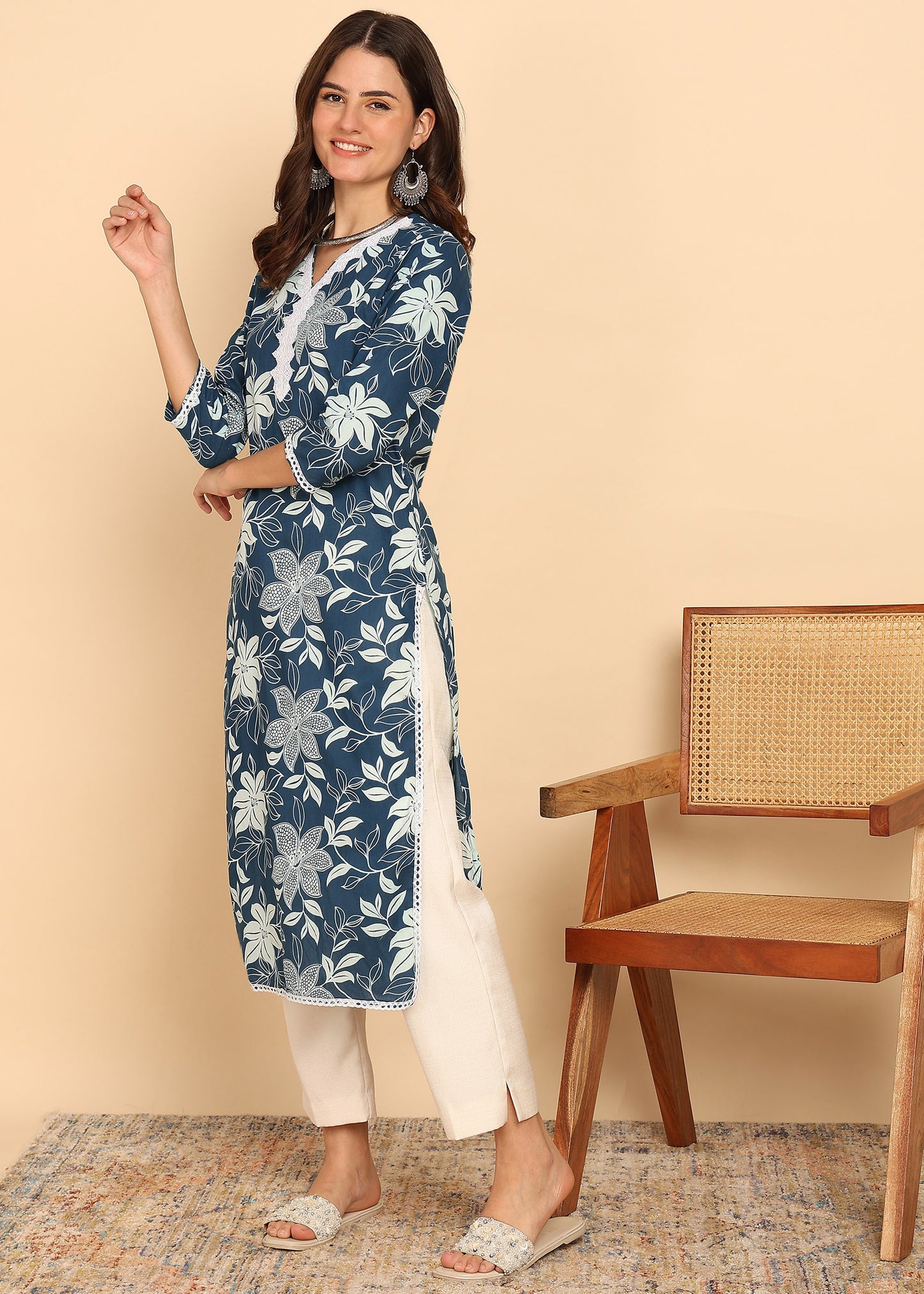 Peacock Floral Printed Straight Cotton Stitched Kurta