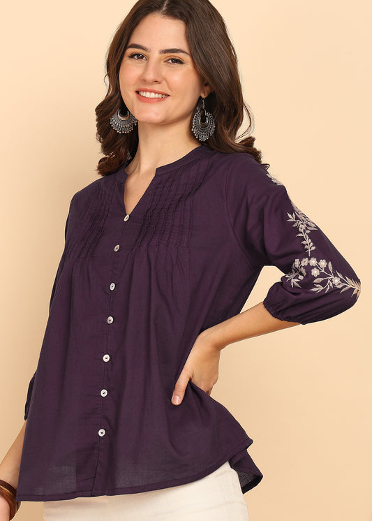 Wine Solid Fit And Flare Cotton Stitched Top