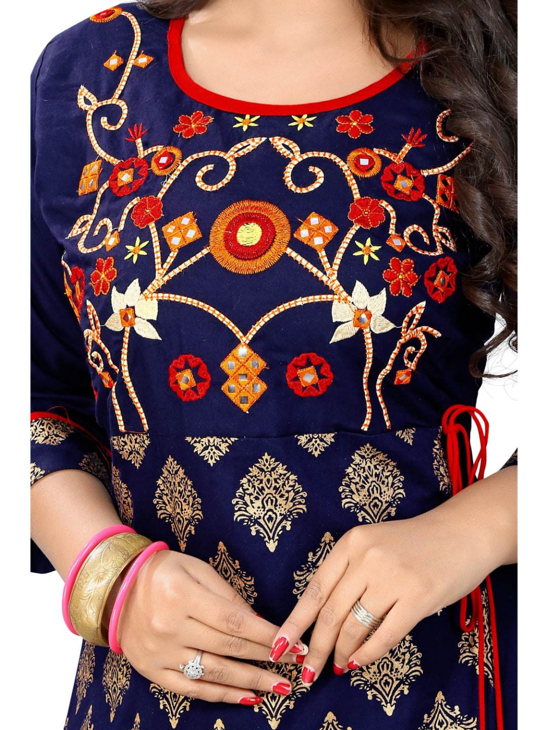 Blue Embroidered Rayon A-line Kurti