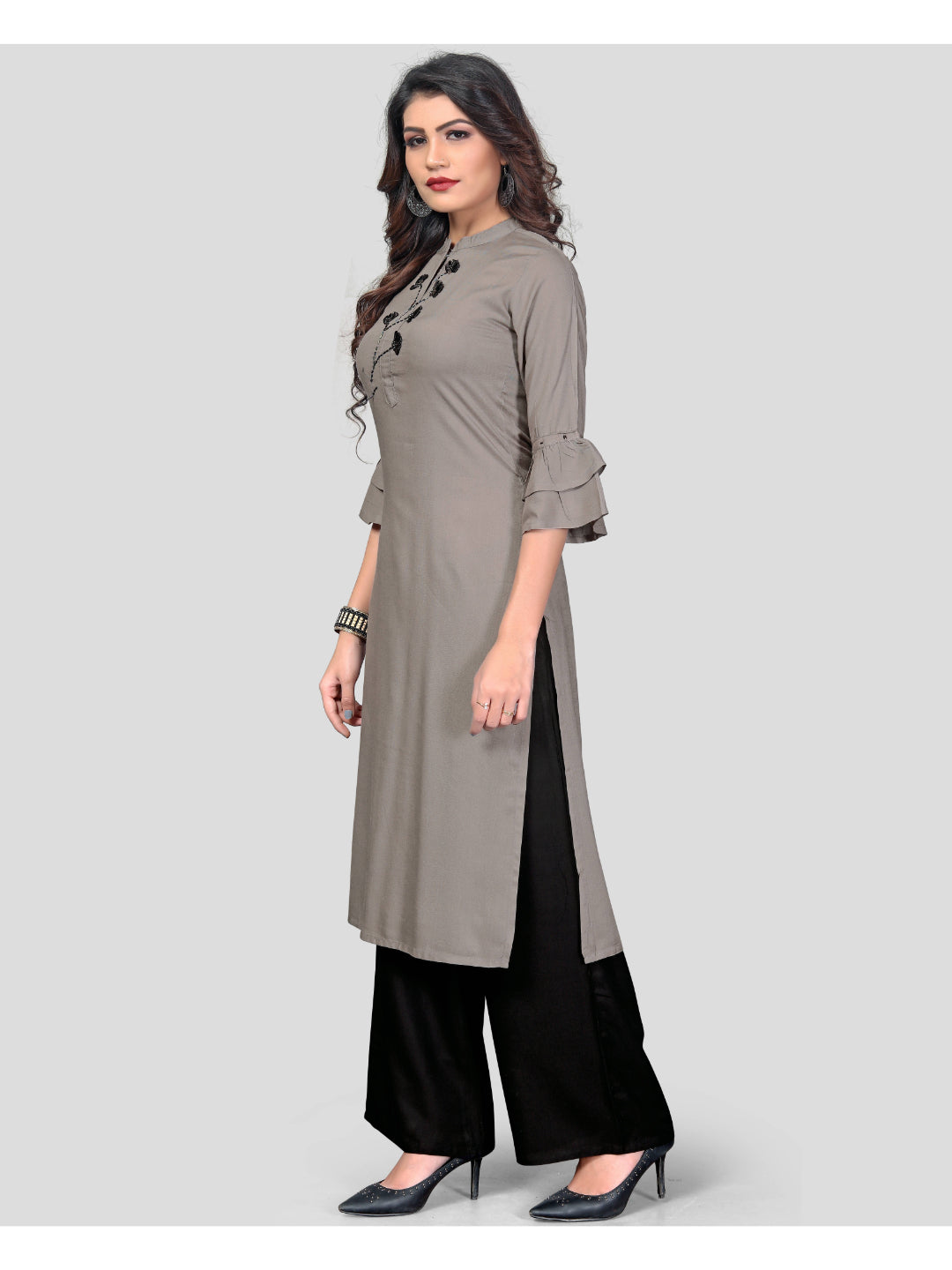 Grey Embroidered Rayon Straight Kurti