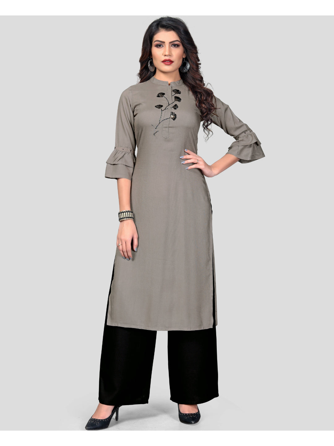 Grey Embroidered Rayon Straight Kurti