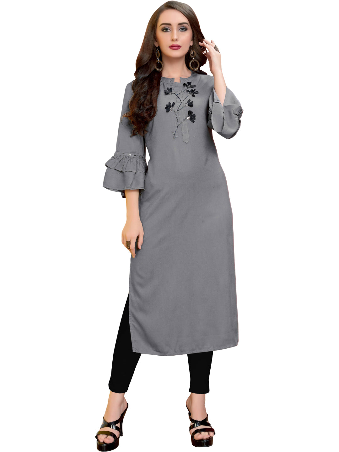 Grey Solid Rayon Straight Kurti