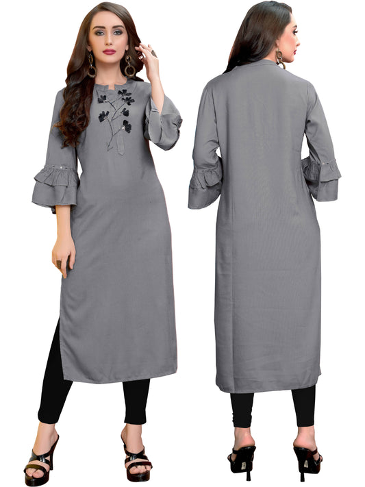 Grey Solid Rayon Straight Kurti