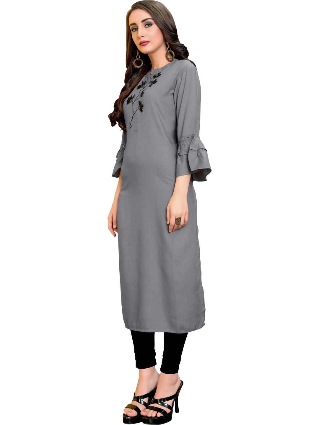 Grey Solid Rayon Straight Kurti