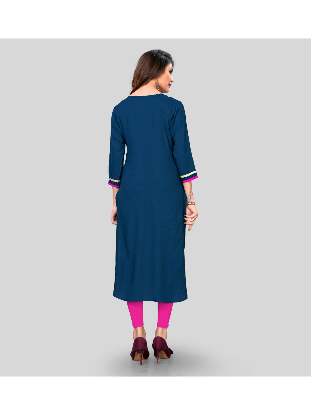 Dark Blue Embroidered Rayon Straight Kurti