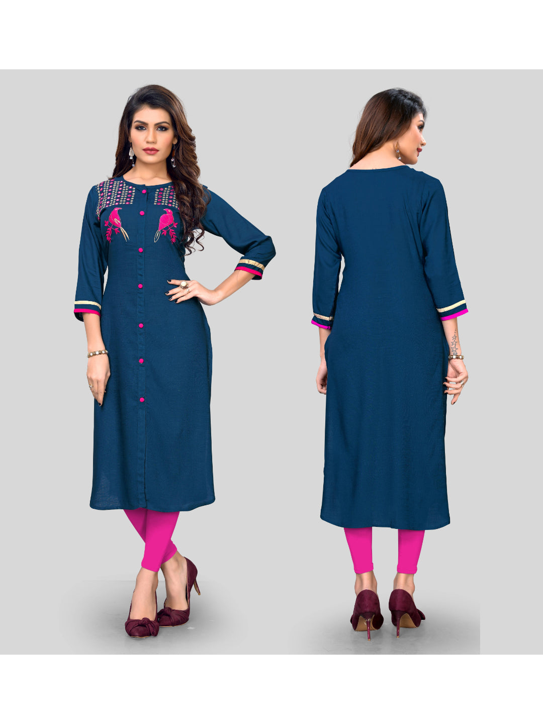 Dark Blue Embroidered Rayon Straight Kurti