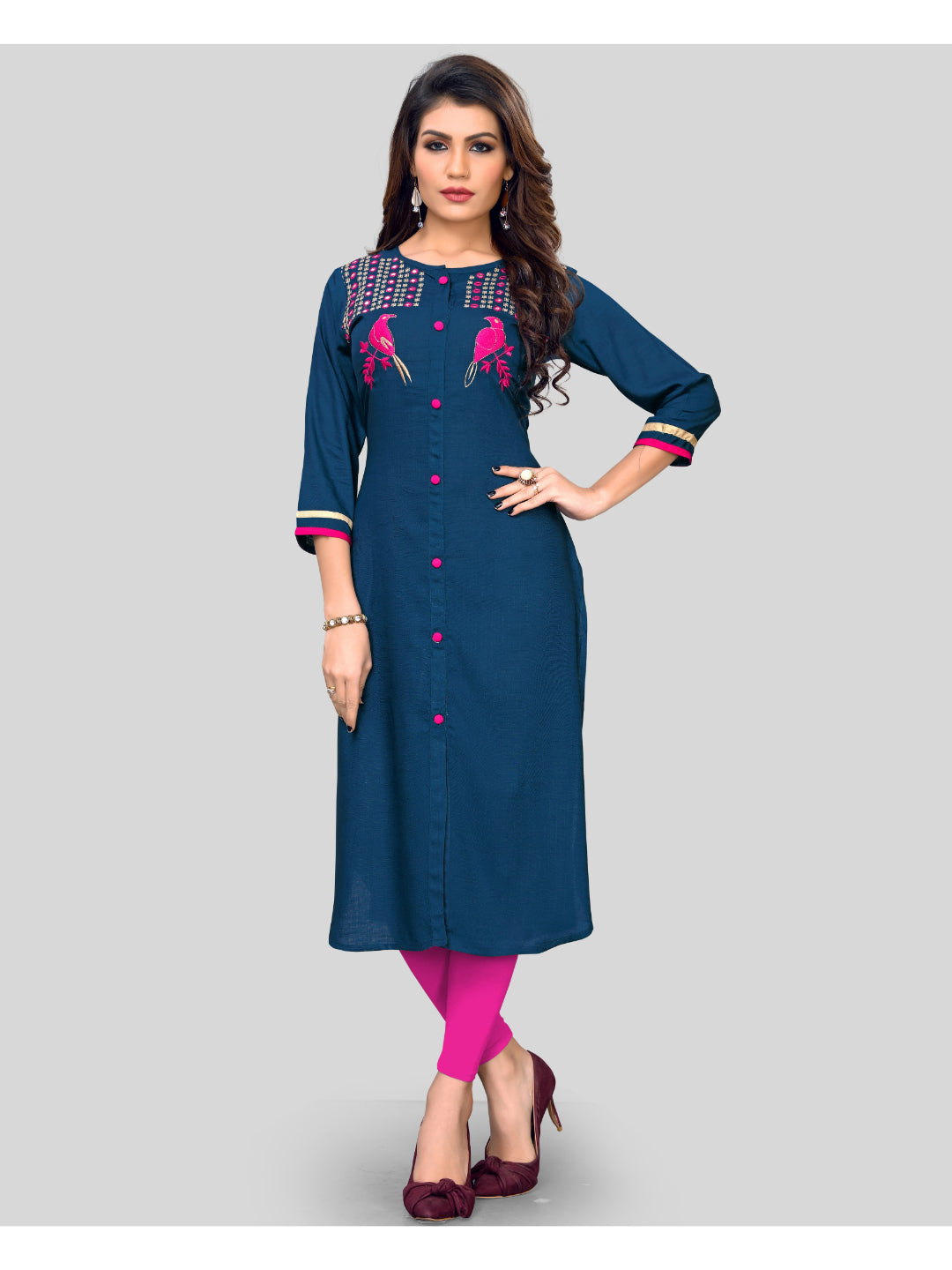 Dark Blue Embroidered Rayon Straight Kurti