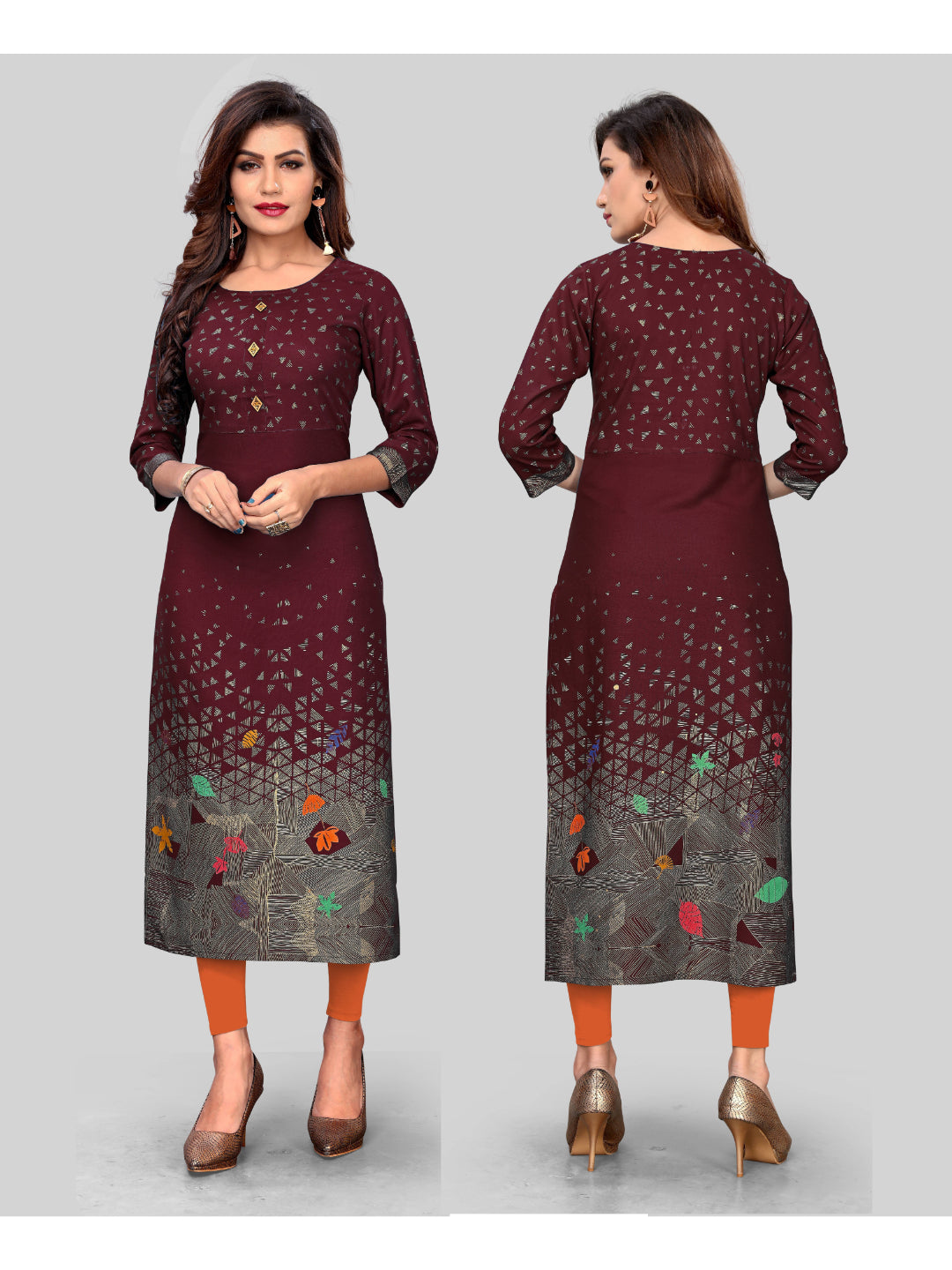 Dark Maroon Printed Rayon Straight Kurti