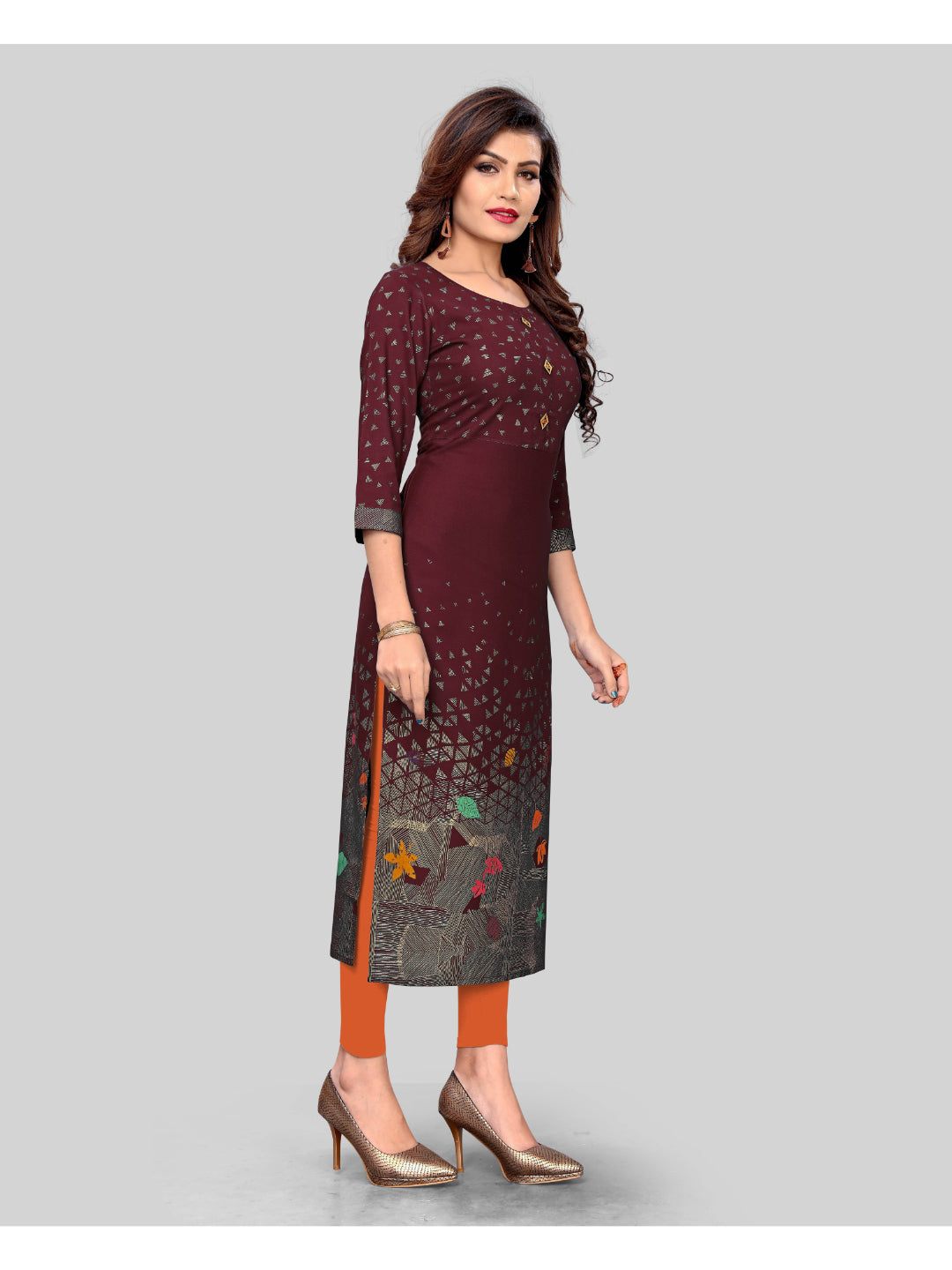 Dark Maroon Printed Rayon Straight Kurti