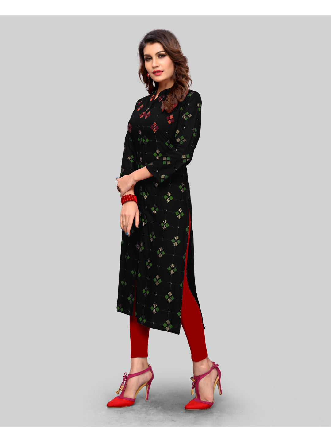 Black Printed Rayon Straight Kurti