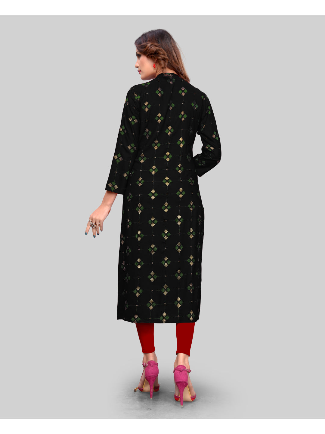 Black Printed Rayon Straight Kurti