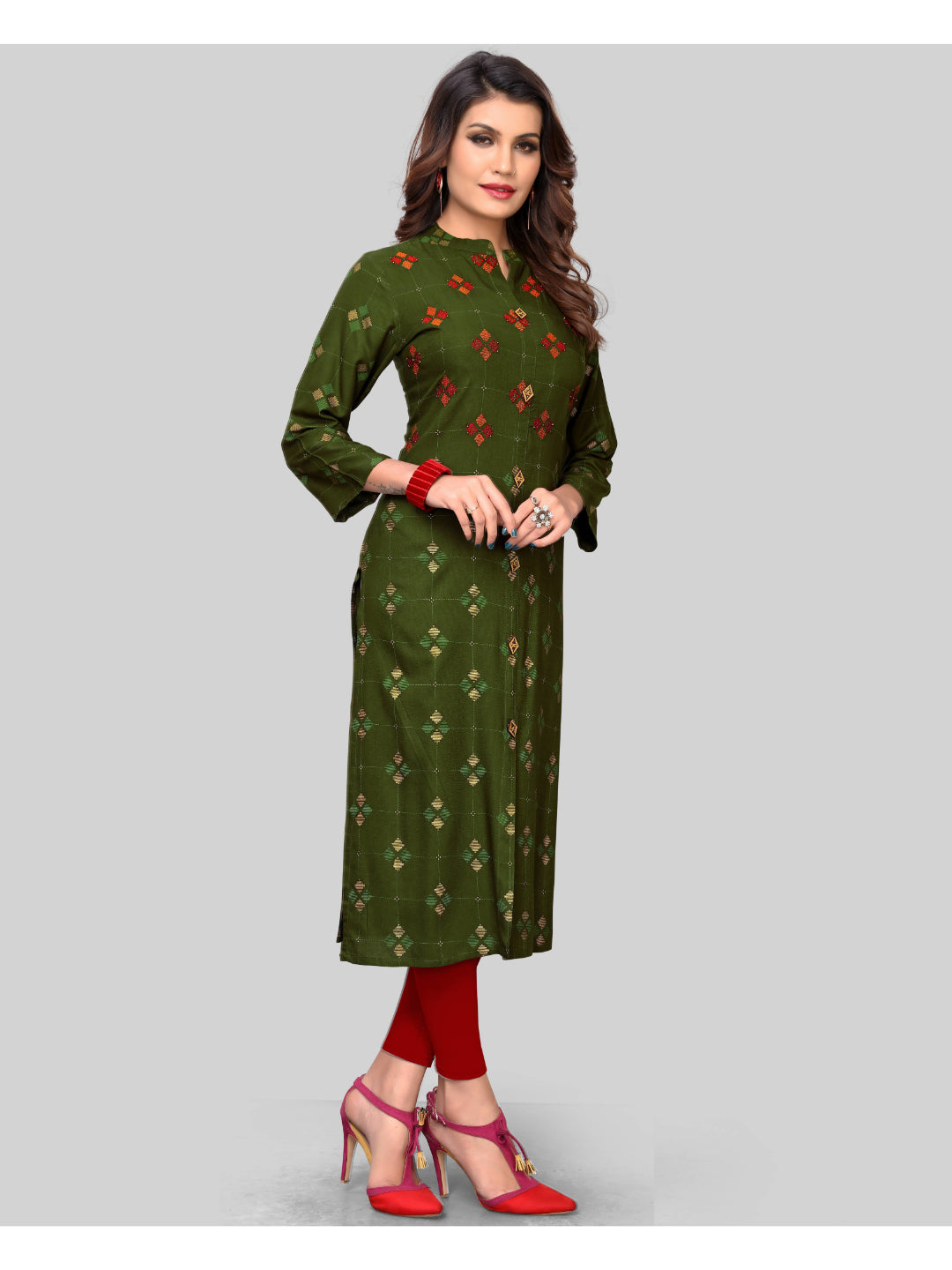 Mehendi Green Printed Rayon Straight Kurti