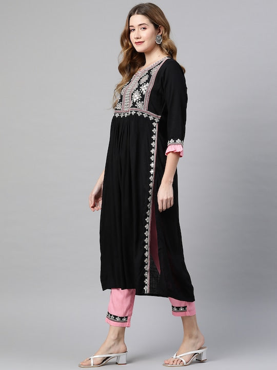 Black Embroidered A-line Rayon Kurta Pant