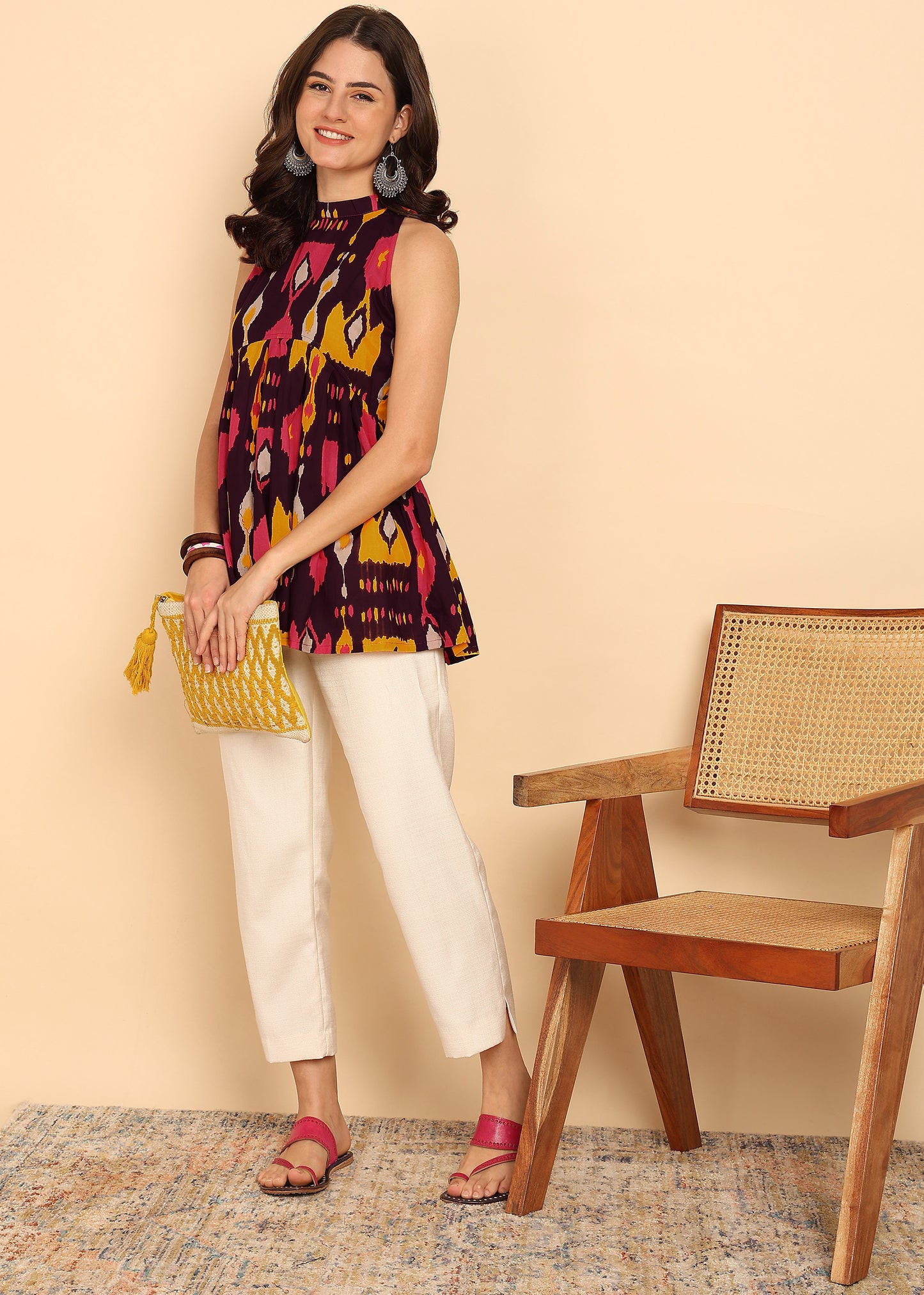 Wine Geometric Printed Fit And Flare Cotton Stitched Tunic