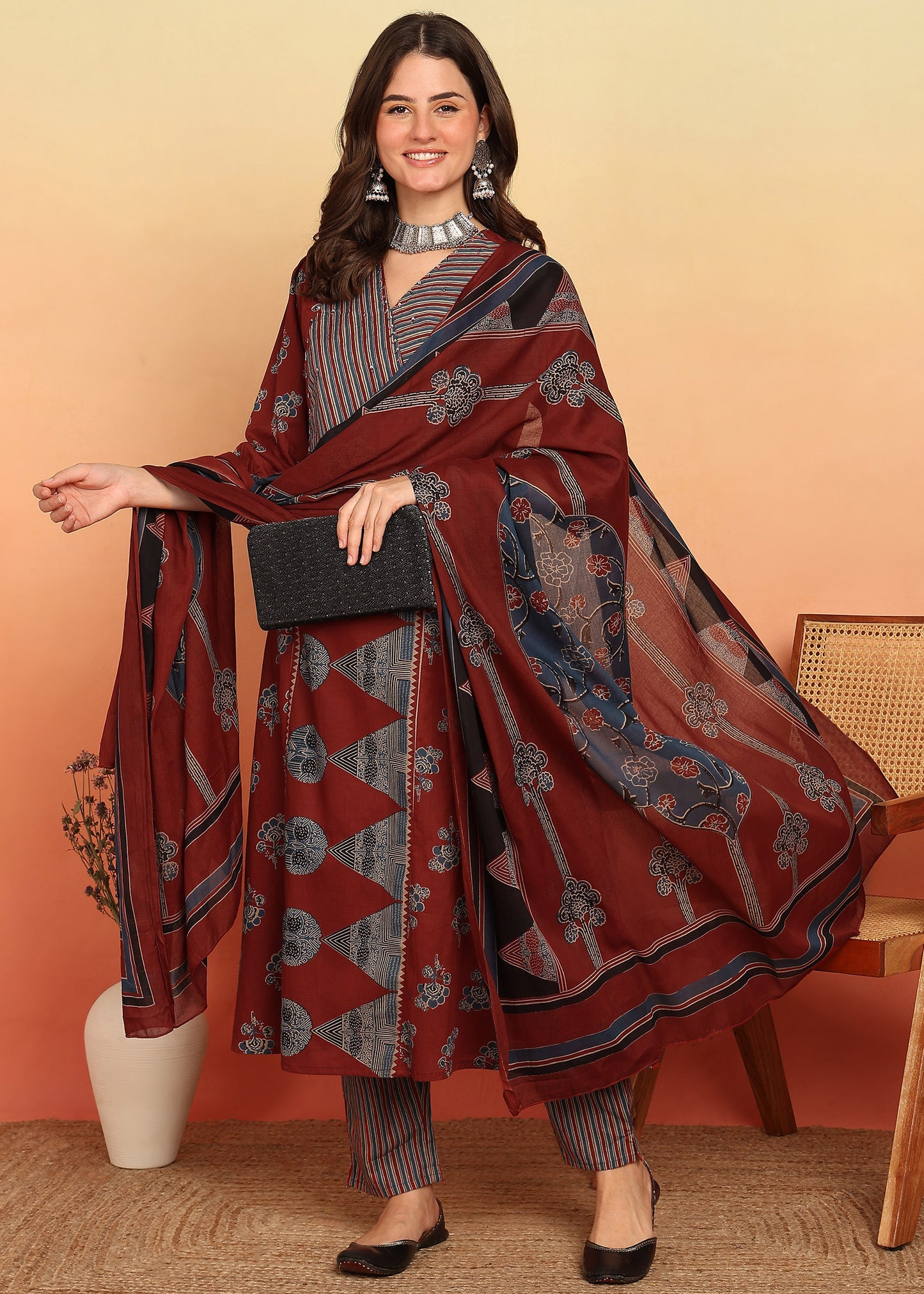 Maroon Floral Printed A-Line Cotton Stitched Kurta, Pant With Dupatta
