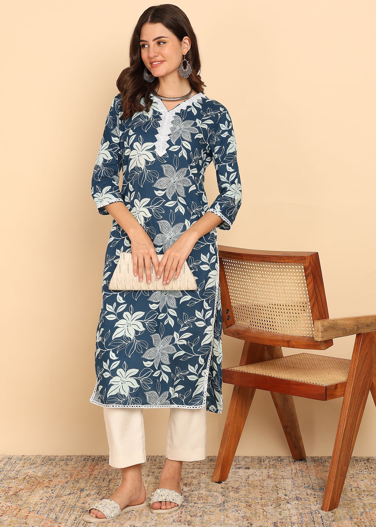 Peacock Floral Printed Straight Cotton Stitched Kurta