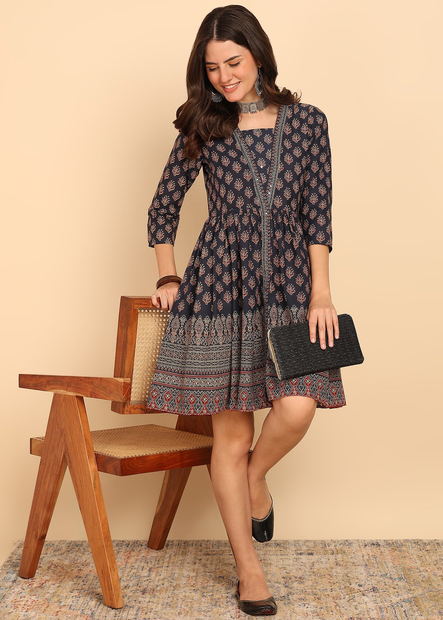 Black Floral Printed Fit And Flare Cotton Stitched Dress