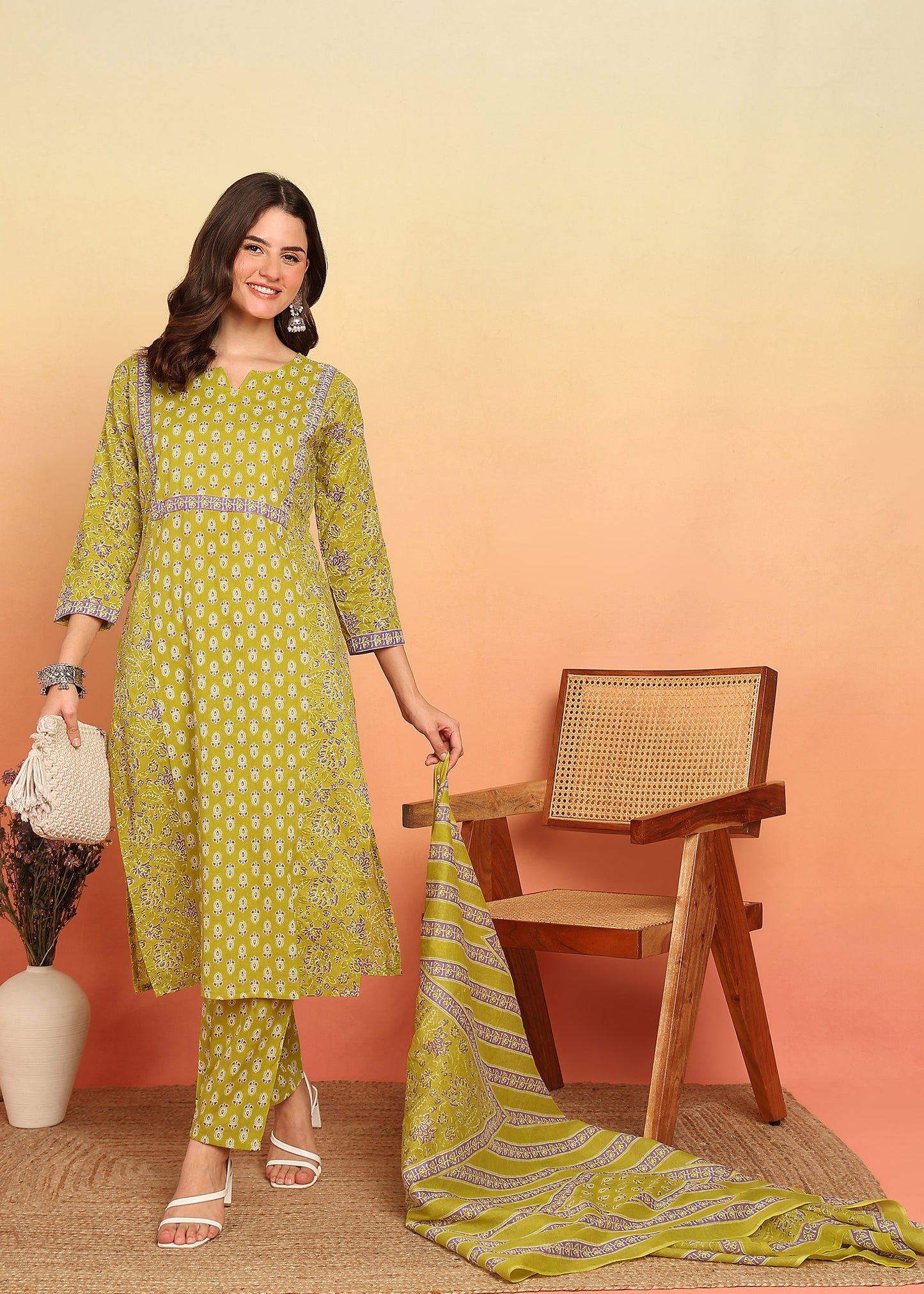 Mustard Floral Printed Straight Cotton Stitched Kurta Set