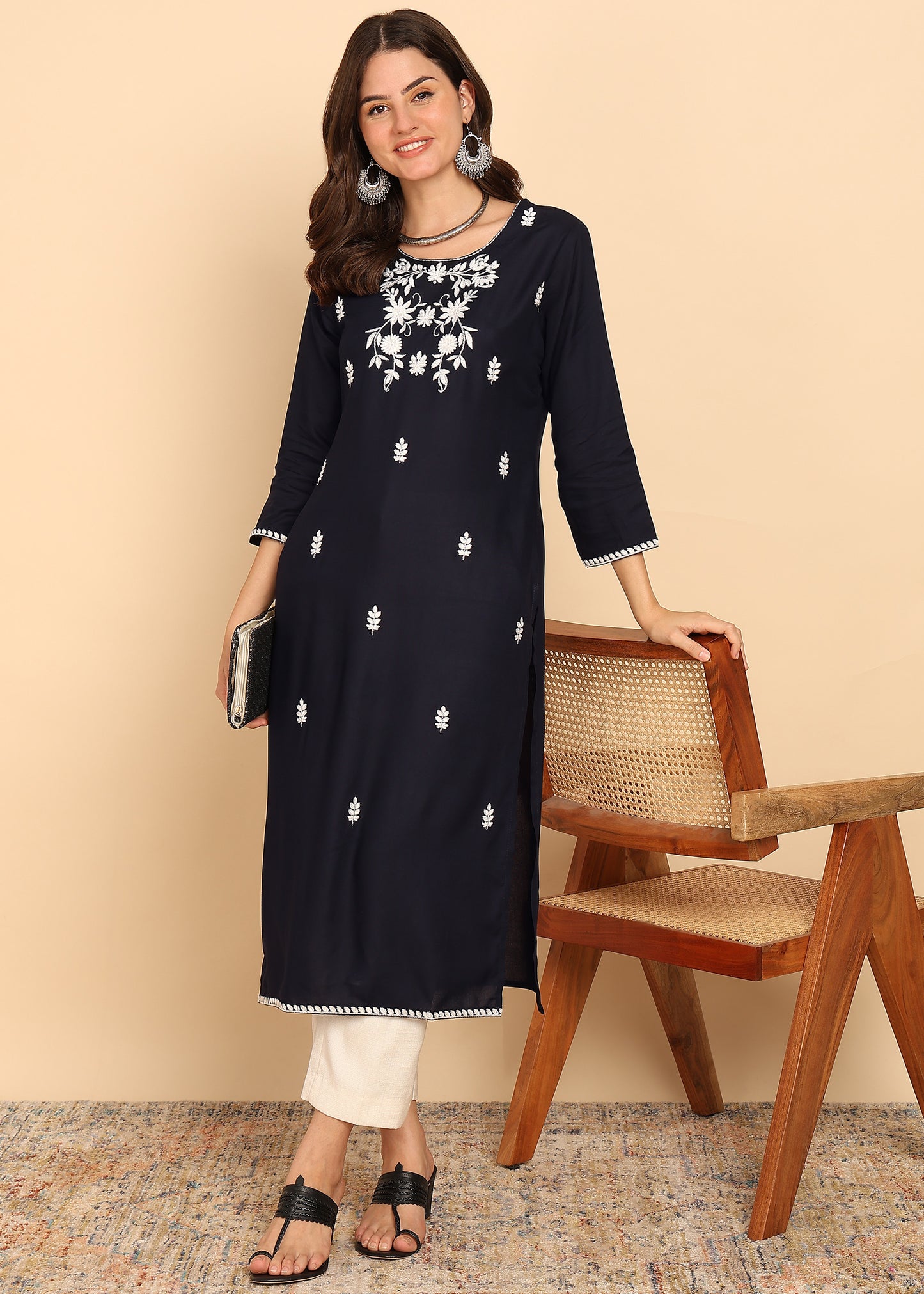 Black Solid Straight Rayon Stitched Kurta
