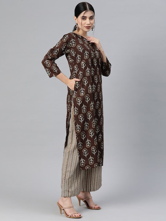 Brown Embroidered Straight Cotton Kurta Set