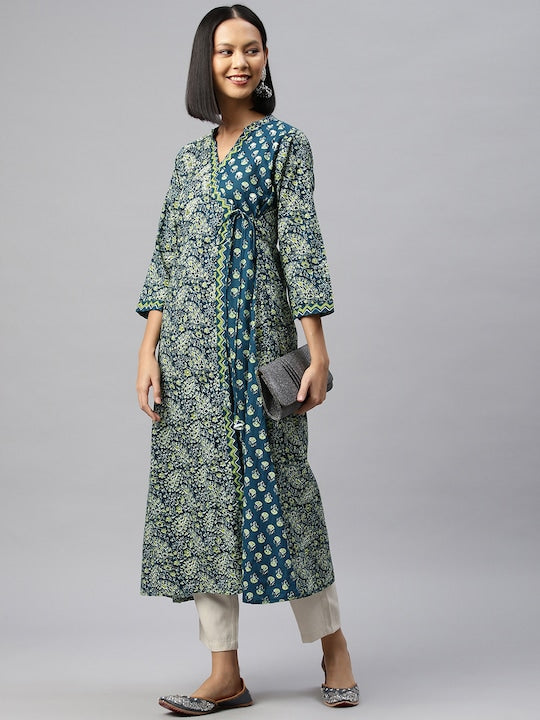 Aqua Embroidered A-Line Cotton Kurta