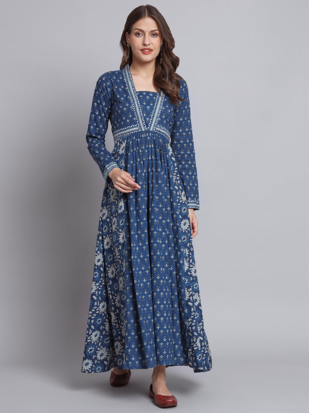 Blue Floral Print Anarkali Cotton Gown