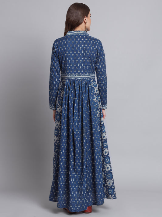 Blue Floral Print Anarkali Cotton Gown